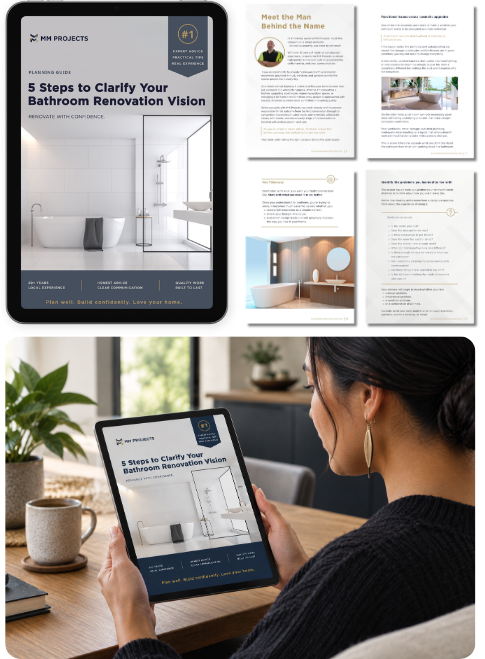 Ipad displaying the 5 steps to clarify your bathroom renovation vision ebook.